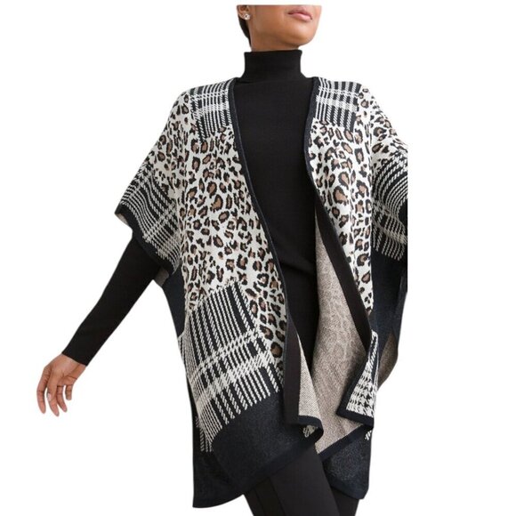 Chico's Plaid and Animal-Print Knit Ruana Wrap, Open Front Women's Size L/XL - Picture 2 of 10